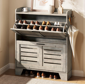 Shoe Cabinet with 2 Flip Drawers, Freestanding Shoe Cabinet Organizer with Metal Legs, Farmhouse Shoes Storage