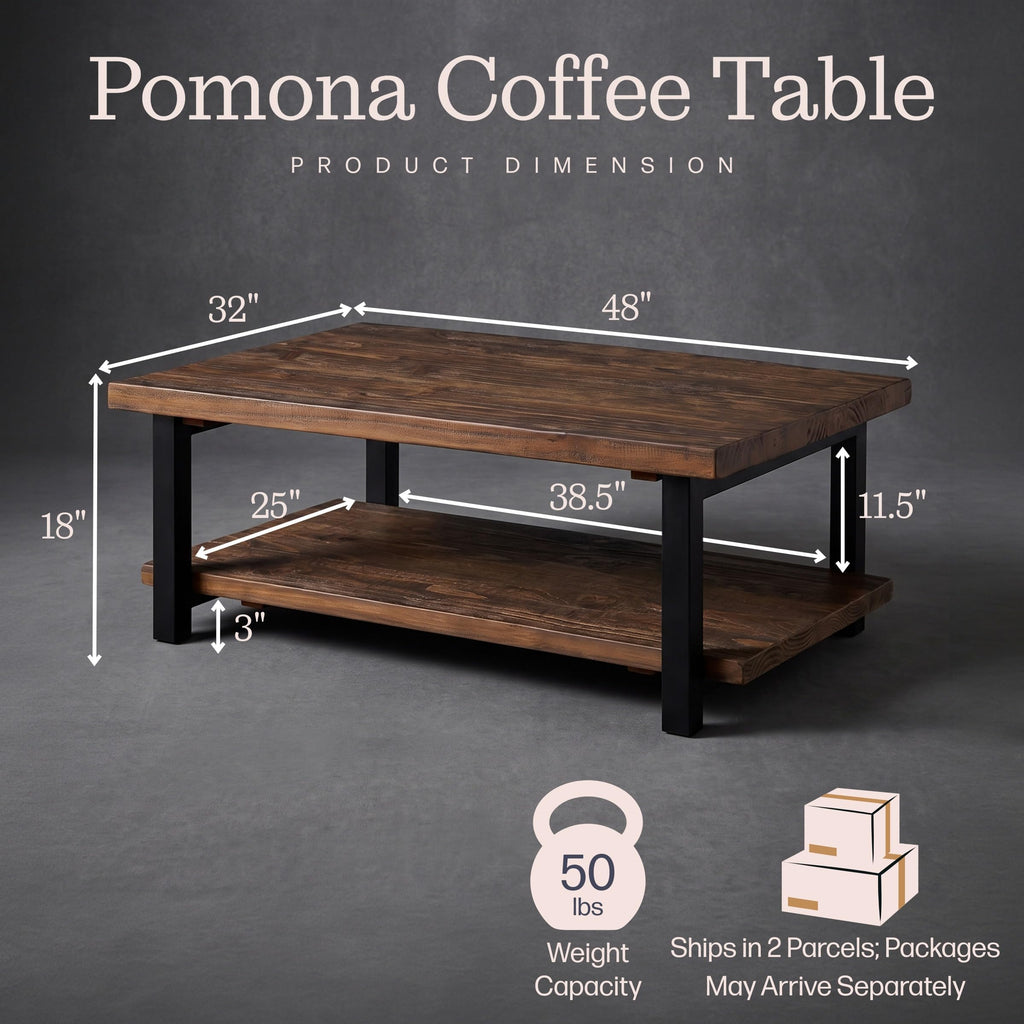 Pomona Solid Wood Coffee Table, Rustic Brown, 48"