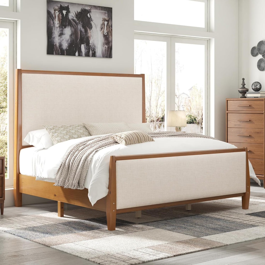 58" Tall Solid Wood King Bed Frame with Upholstered Headboard & Footboard, Wooden Platform Bedframe, No Box Spring