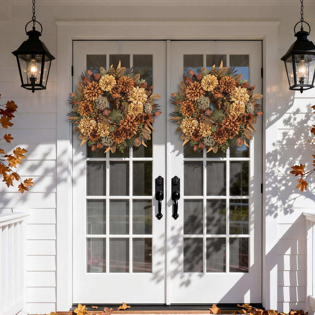 24" Fall Wreaths for Front Door with Mums Dahlias Queen Anne's Lace