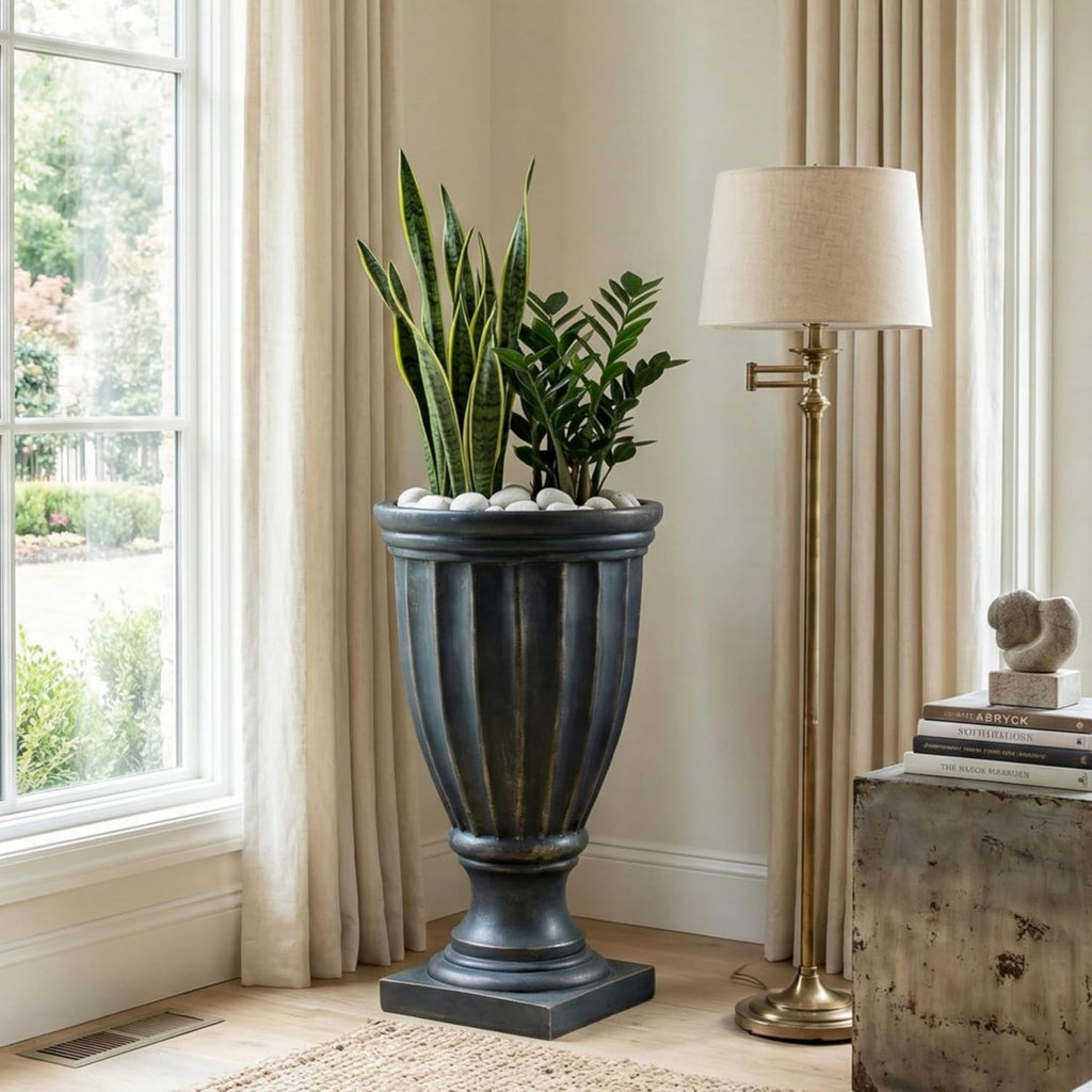 26.77" H Stately Tall Fluted Pedestal Urn Planter Weather-Resistant MGO Outdoor Flower Pot for Garden Patio and Front