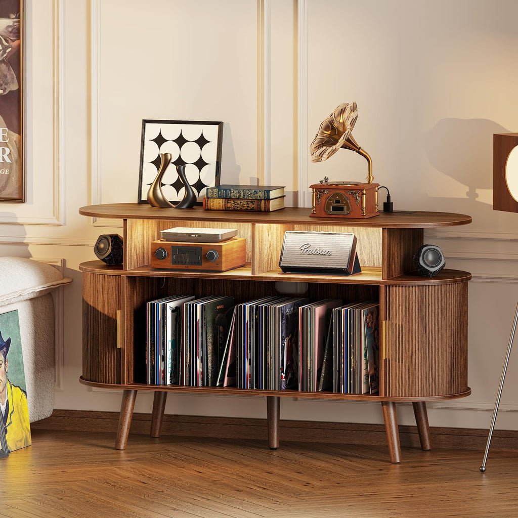 47.2 Inch Large Record Player Stand with Power Outlets & 3-Color Lights, Vinyl Record Stand with 2 Fluted Cabinets