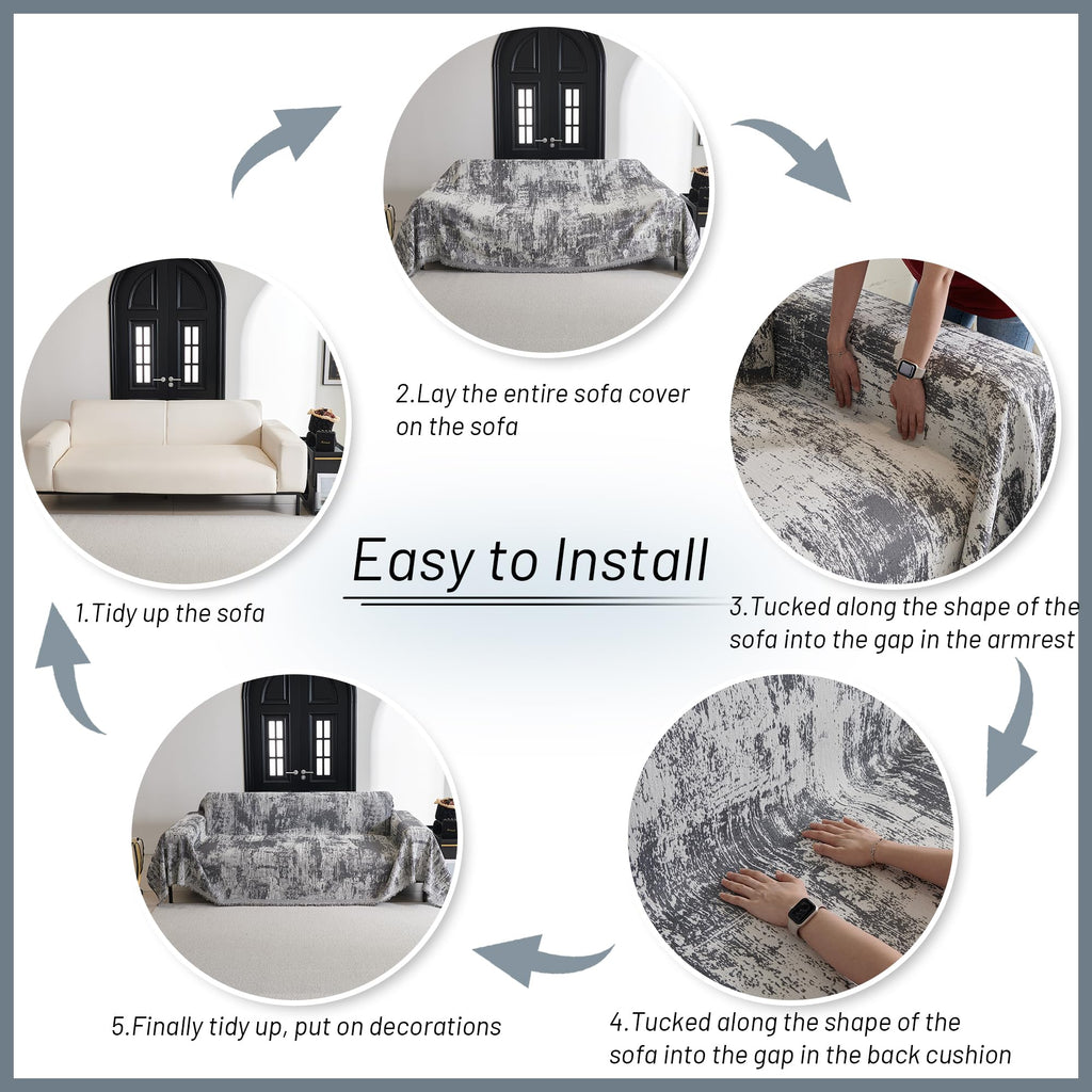Sectional Couch Cover Deep Grey Abstract Geometric Sofa Covers for Sectional Sofa L Shape Chenille Couch Protector