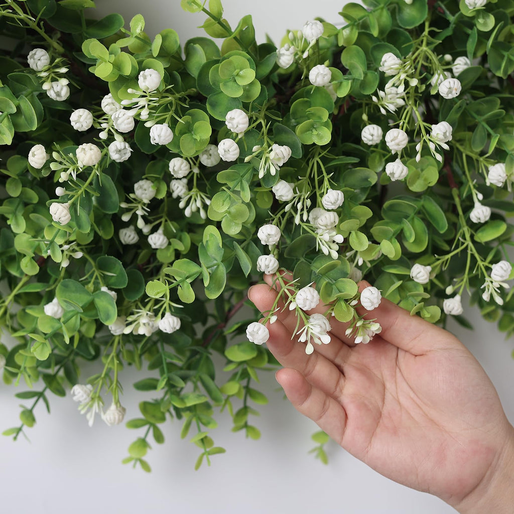 26" Artificial Eucalyptus Wreath with Flowers for Front Door (White-Green)