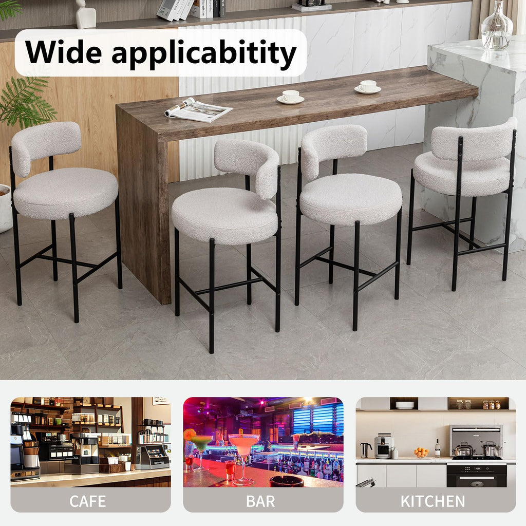 Boucle Bar Stools Set of 4, 24" Modern Counter Stools with Backs, Grey Upholstered Bar Stool Island, Cafe