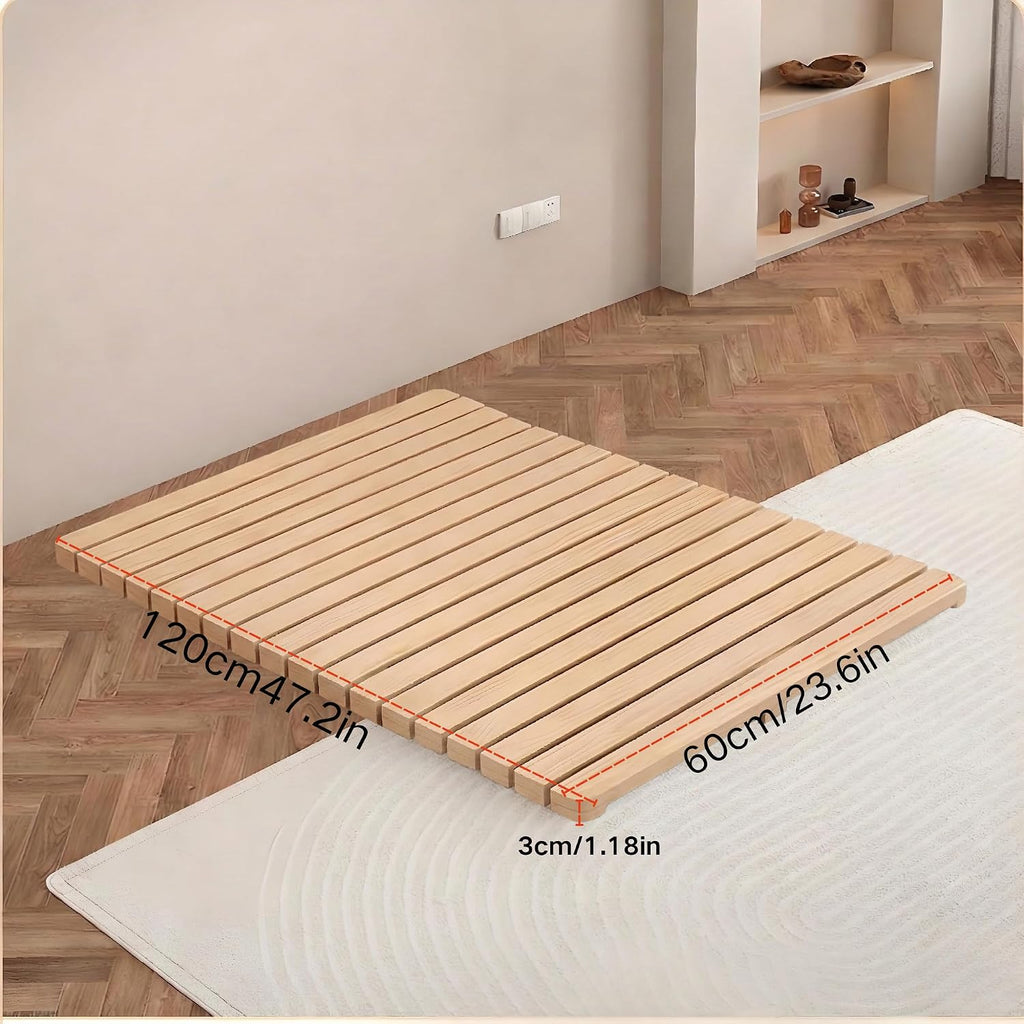 Scandinavian Natural Wood Slatted Roll-Up Bed Base, Japanese Style Tatami Mattress Support Platform, 47 x 24 Inches