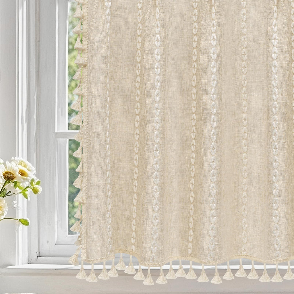 Beige Boho Farmhouse Window Curtain with Tassels, 30 x 36 Inch Light Filtering Sheer Short Cafe Window Curtain Tier
