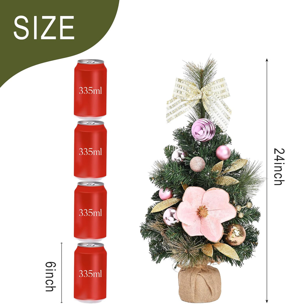 24" Pink Small Christmas Tree Mini Tabletop with Lights