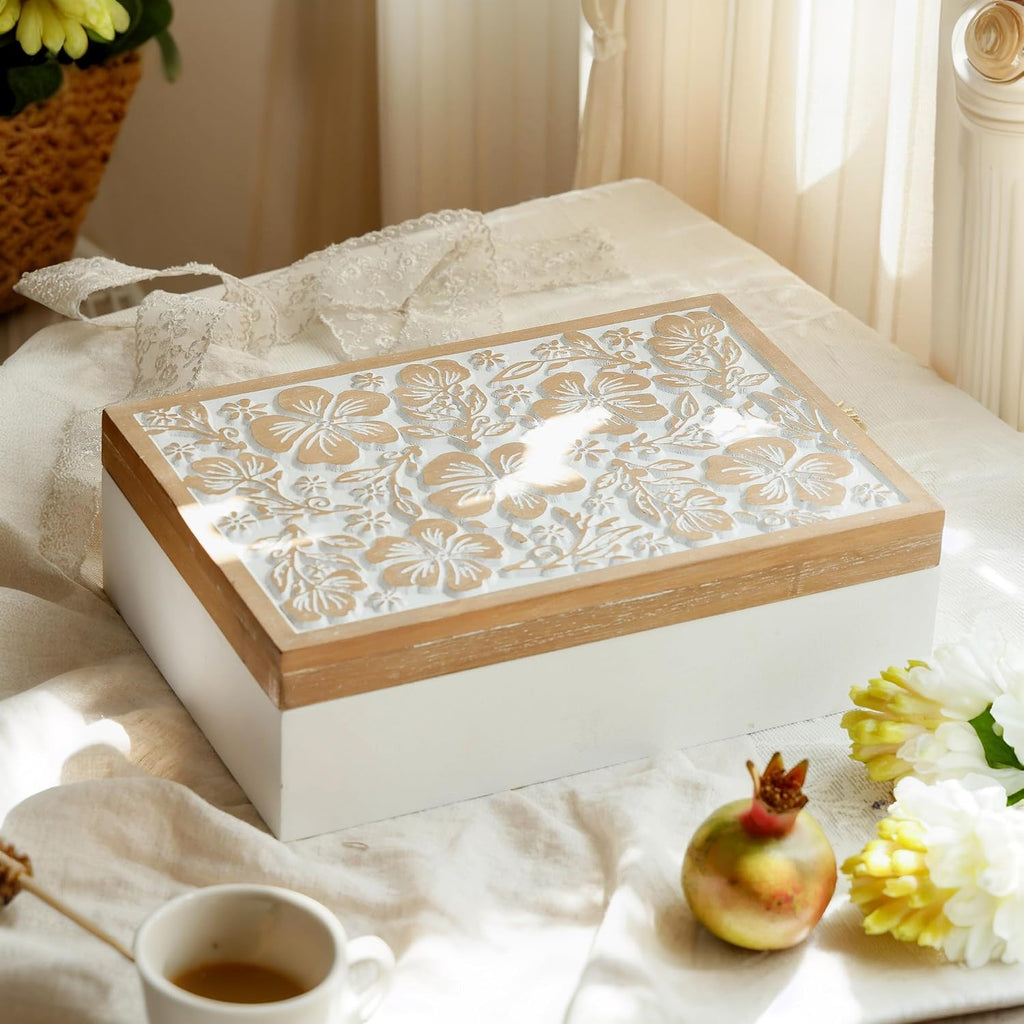 Wooden Keepsake Box - Decorative Floral Wood Boxes with Hinged Lid, Flower Engraved Design, 10.24" W
