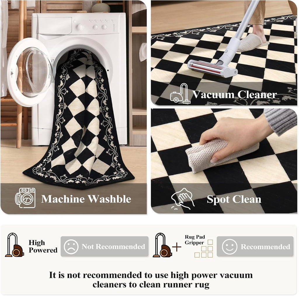 Checkered Bathroom Runner Rug, Black and White Washable Runners s Non Slip, Moroccan Trellis Rug for Besides