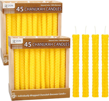 Zion Judaica Twin Pack Natural Beeswax Hanukkah Candles Yellow Bees Wax Chanukah Candles in Wooden Crate - Set of 45