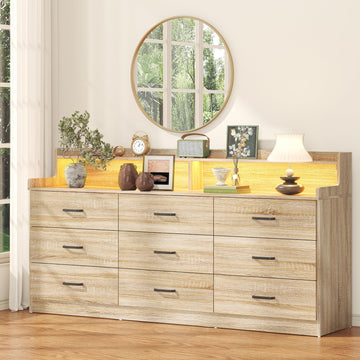9 Drawer Dresser with Built-in Power Outlet, Mid Century Modern Chest of Drawers, 63'' Triple Wide Dresser Storage