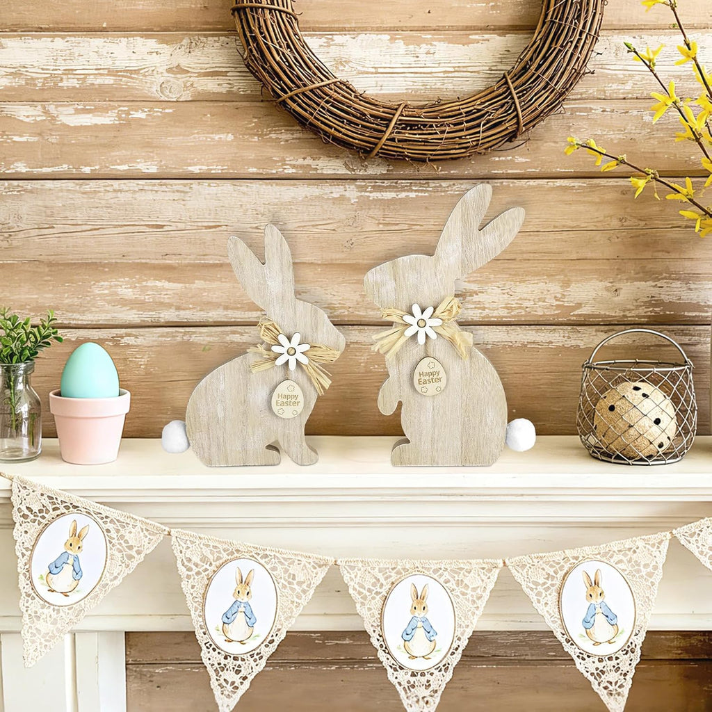 Easter Wooden Bunny Table Decor,Farmhouse Rabbit with Pompom Ball Table Centerpiece Signs,Easter Tiered Tray - Set of 2