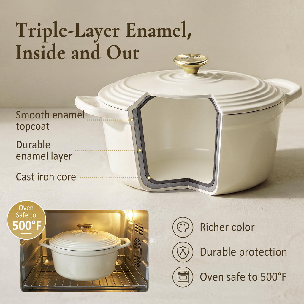 Enameled Cast Iron Dutch Oven - 5.5QT Pot with Lid Cookbook & Cotton Potholders - Heavy-Duty Cookware for Braising
