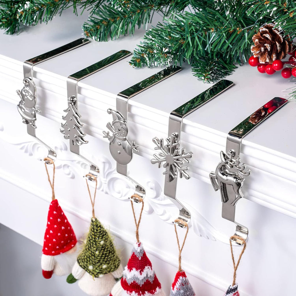 Holders for Mantle, Set of 5 Christmas Stocking Holders for Fireplace, Stocking Hangers for Mantel, Snowflake