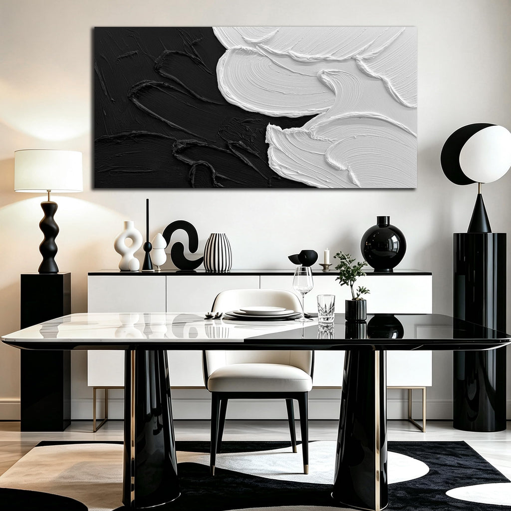 Black and White 3D Textured Abstract Oil Painting 48x24 Inch