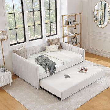 Daybed with Trundle, Modern Linen Full Size Day Bed with Pull Out Trundle Bed, Upholstered Sofa Bed with Stripes