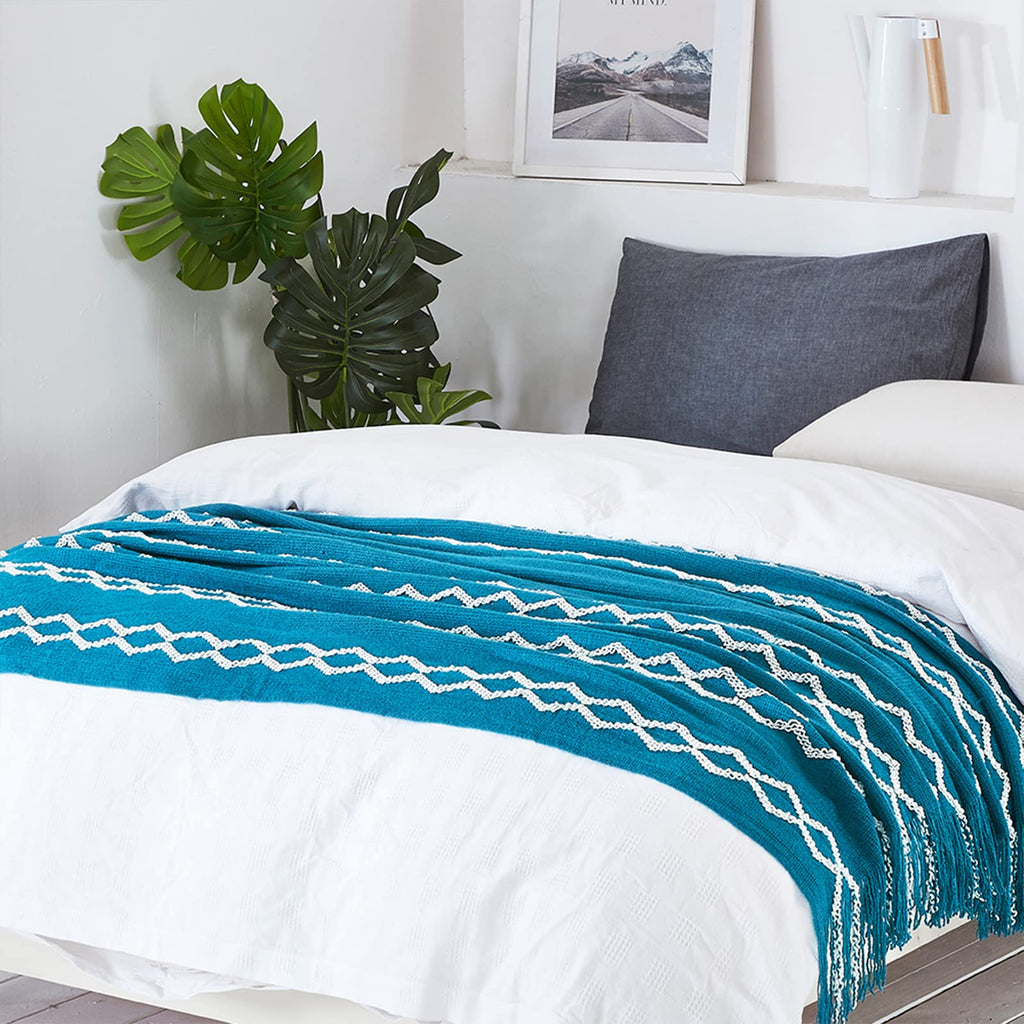 Knitted Throw Blanket Boho Chenille Outdoor Blanket, Teal 60x80Inch