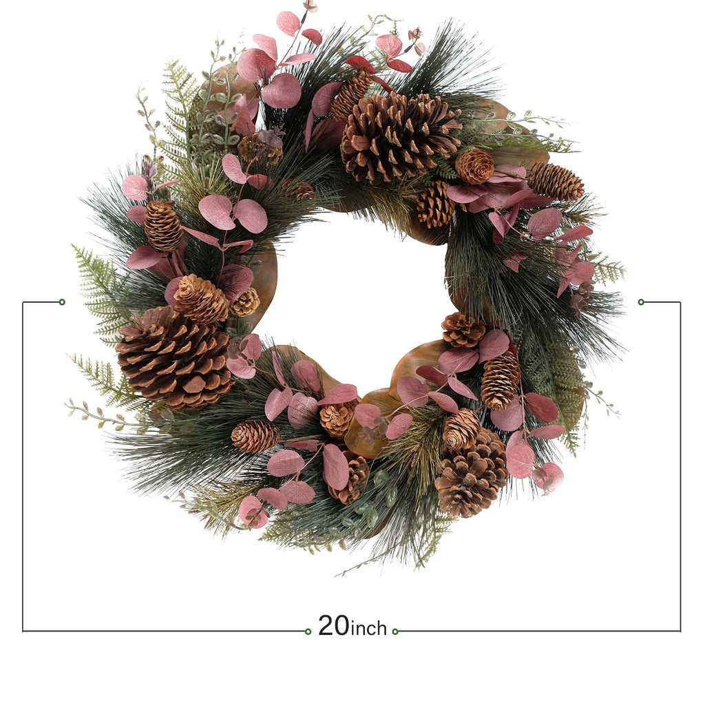 20 inch Winter Wreath Magnolia Leaves Red Eucalyptus Leaves with Pine Needle Pine Cone Wreath for Front Door Harvest