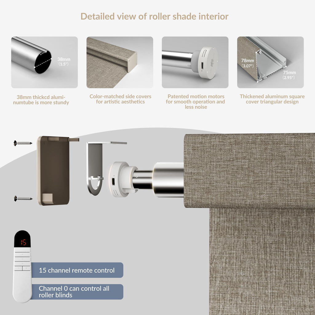 Motorized Roller Blinds with Remote Control, Light Filtering Linen Fabric-Matched Automatic Roller Shades for