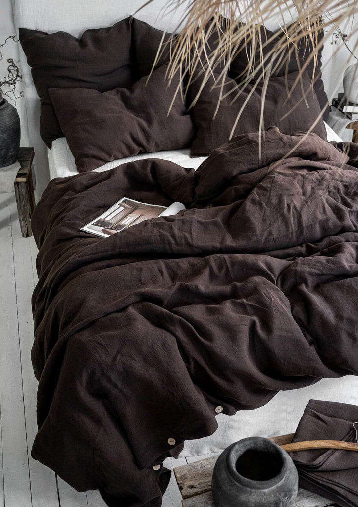 Bedding Set in Chocolate - Duvet Cover & 2 Pillowcases Set in Size with Button Handmade