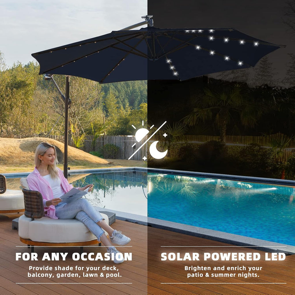 10ft Solar LED Offset Hanging Market Cantilever Patio Umbrella and Garden, Easy Tilt Adjustment