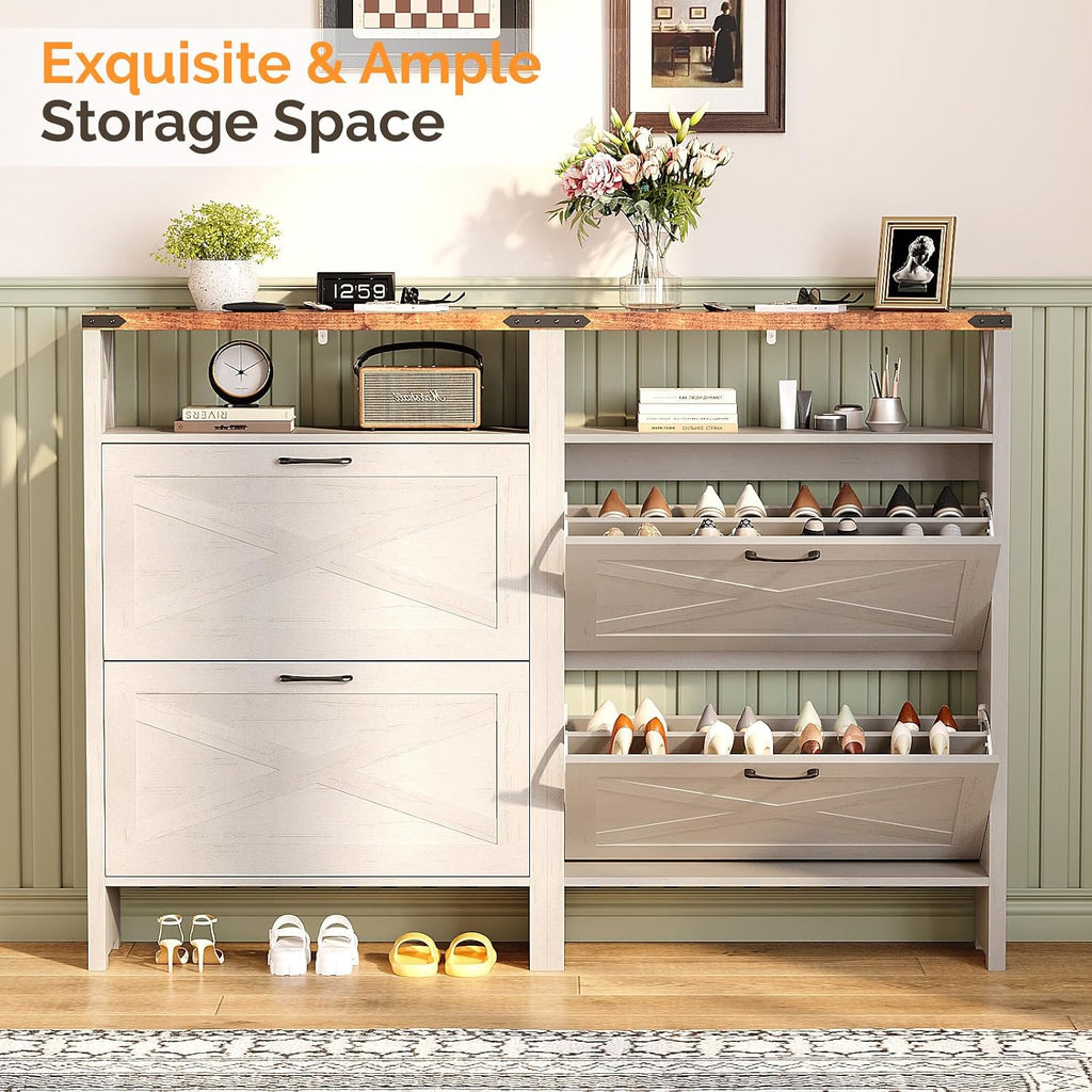 Farmhouse Shoe Cabinet with 2 Flip Drawers, Slim Entryway Shoe Storage Organizer with Open Shelf, Freestanding Wood