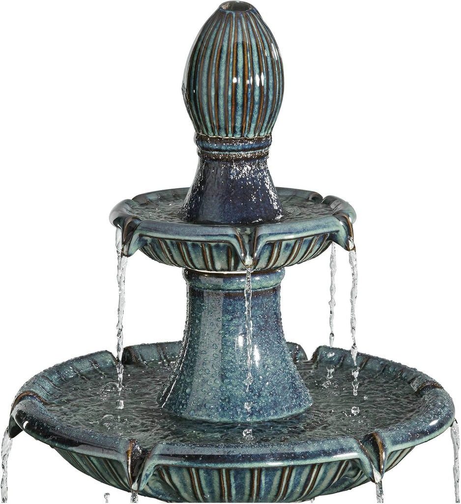 Formentera 46" High Large Italian Indoor Outdoor Decor Teal Blue Ceramic Floor Fountain with Light LED Waterfall