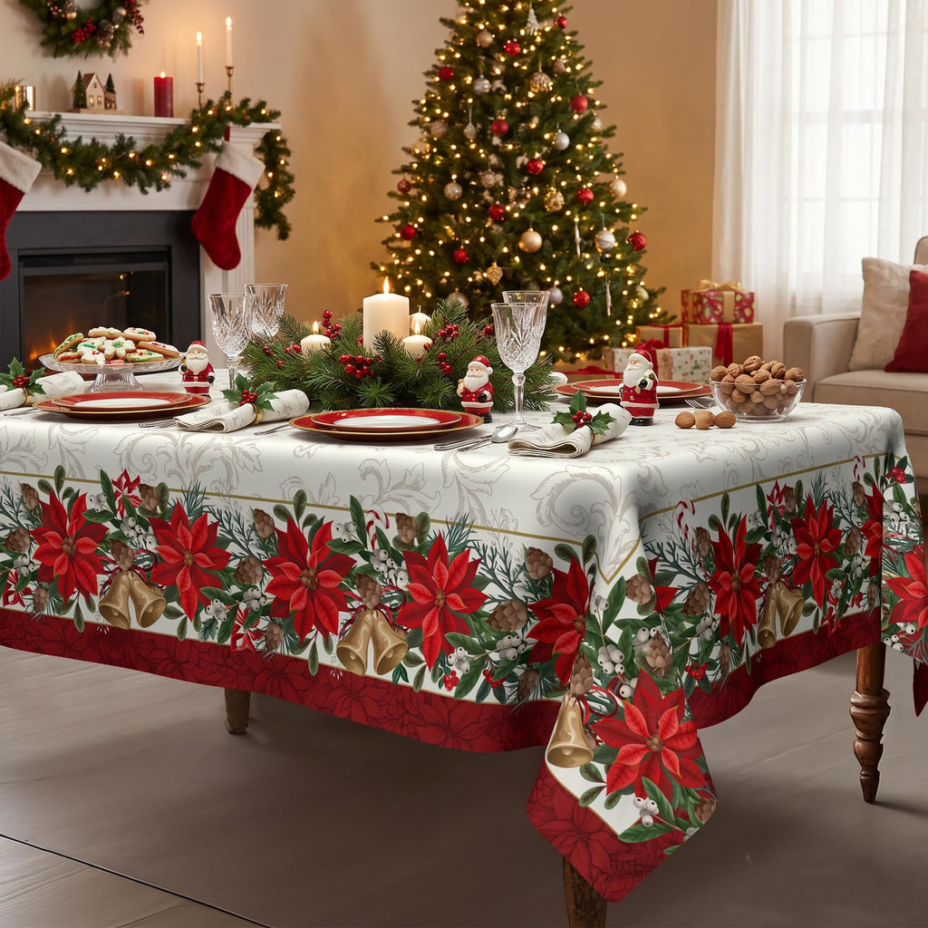 Christmas Poinsettia Tablecloth 60x140 Inch, Vintage Red Floral Bell Pine Cone Rectangular Table Cover, Xmas Border