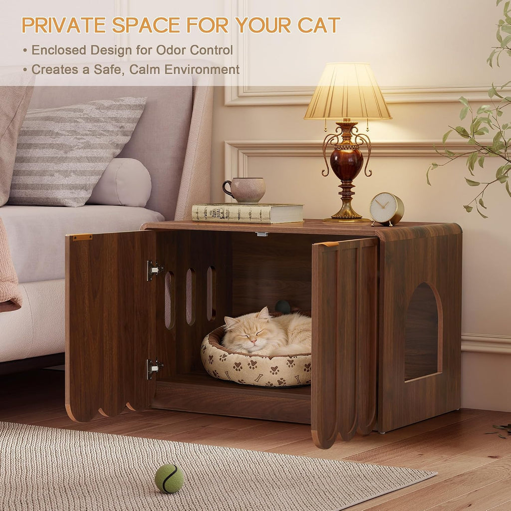 Cat Litter Box Enclosure Furniture, Hidden Cat Litter Box Cabinet with Scalloped Doors, Modern Cat House with Gold