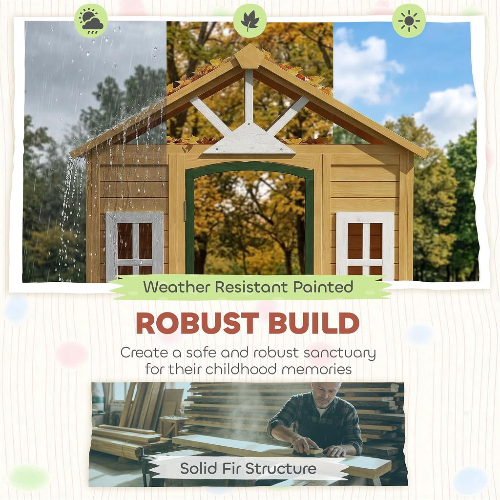 Outdoor Playhouse Wooden Kids Playhouse Functional Door Ages 3-8 Brown | Three Windows, Two Flower Boxes, Kids