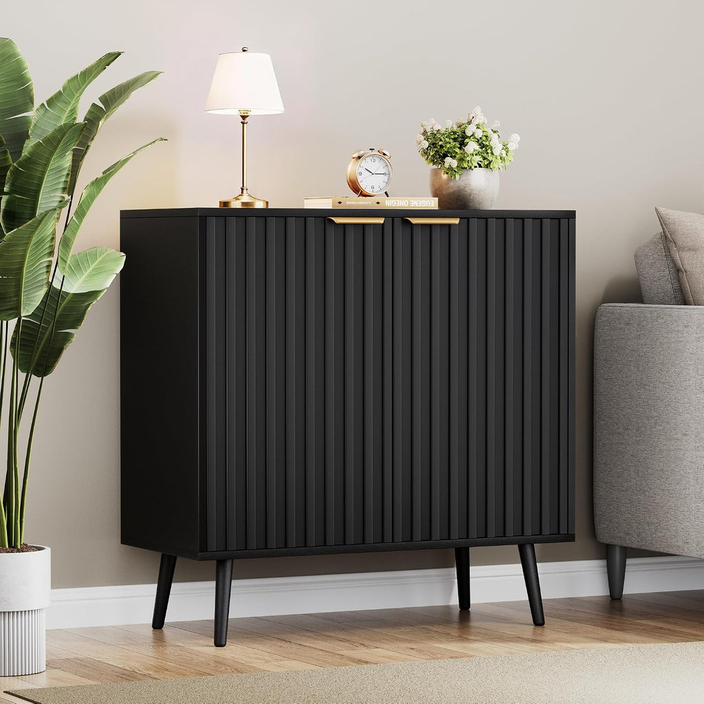 Black Fluted Buffet Cabinet, Free Standing Sideboard with Storage, Wood Accent Cabinet with Doors & Shelf, Modern