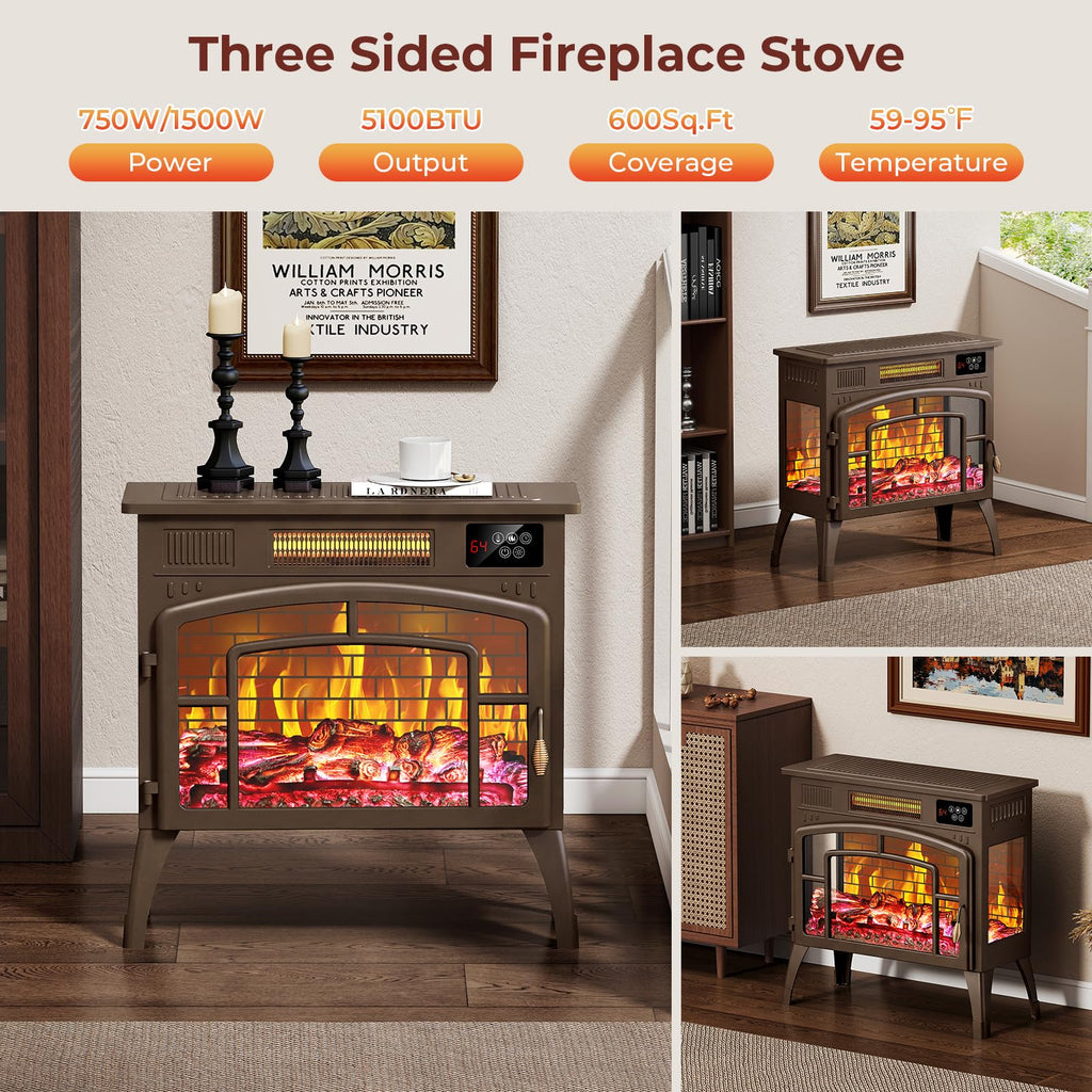 23" Electric Fireplace Stove with 3D Flame Effect & 5 Color