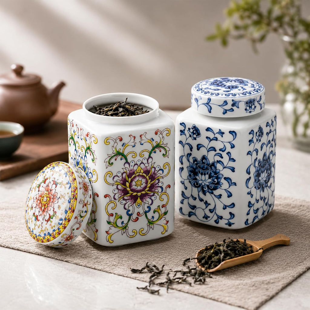200 ml Small Ceramic Tea Canister with Lid, Decorative Chinoiserie Ginger Jar with Cork Stopper Countertop Decor