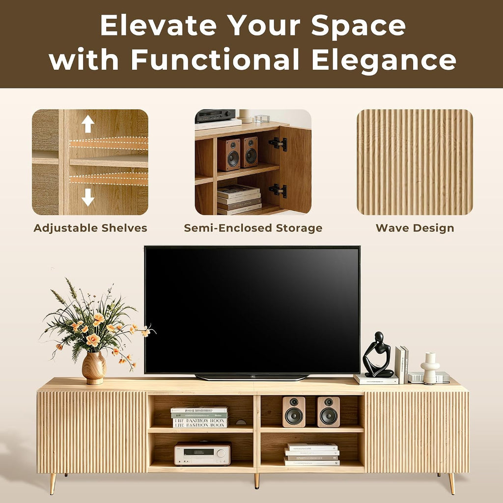 Modern 86" Wood TV Stand for Living Room, Fluted Design Entertainment Center with Adjustable Shelves for TVs Up to
