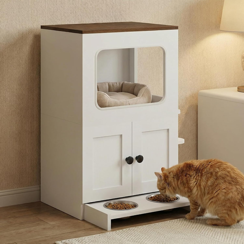 Cat Feeding Station, 2-Tier Wood Cat House with Storage, Raised Bowls for Indoor Cats, Pull-Out Feeding Station & Cat