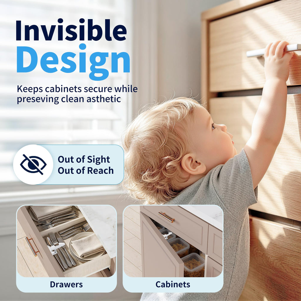 Cabinet Locks Baby Proofing (12 Pack) - Child Safety Drawer Latches