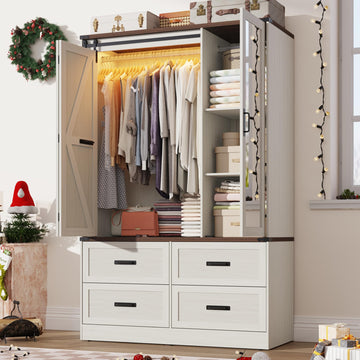 Farmhouse 3-Door Armoire Closet w/Mirror & LED, Antique White