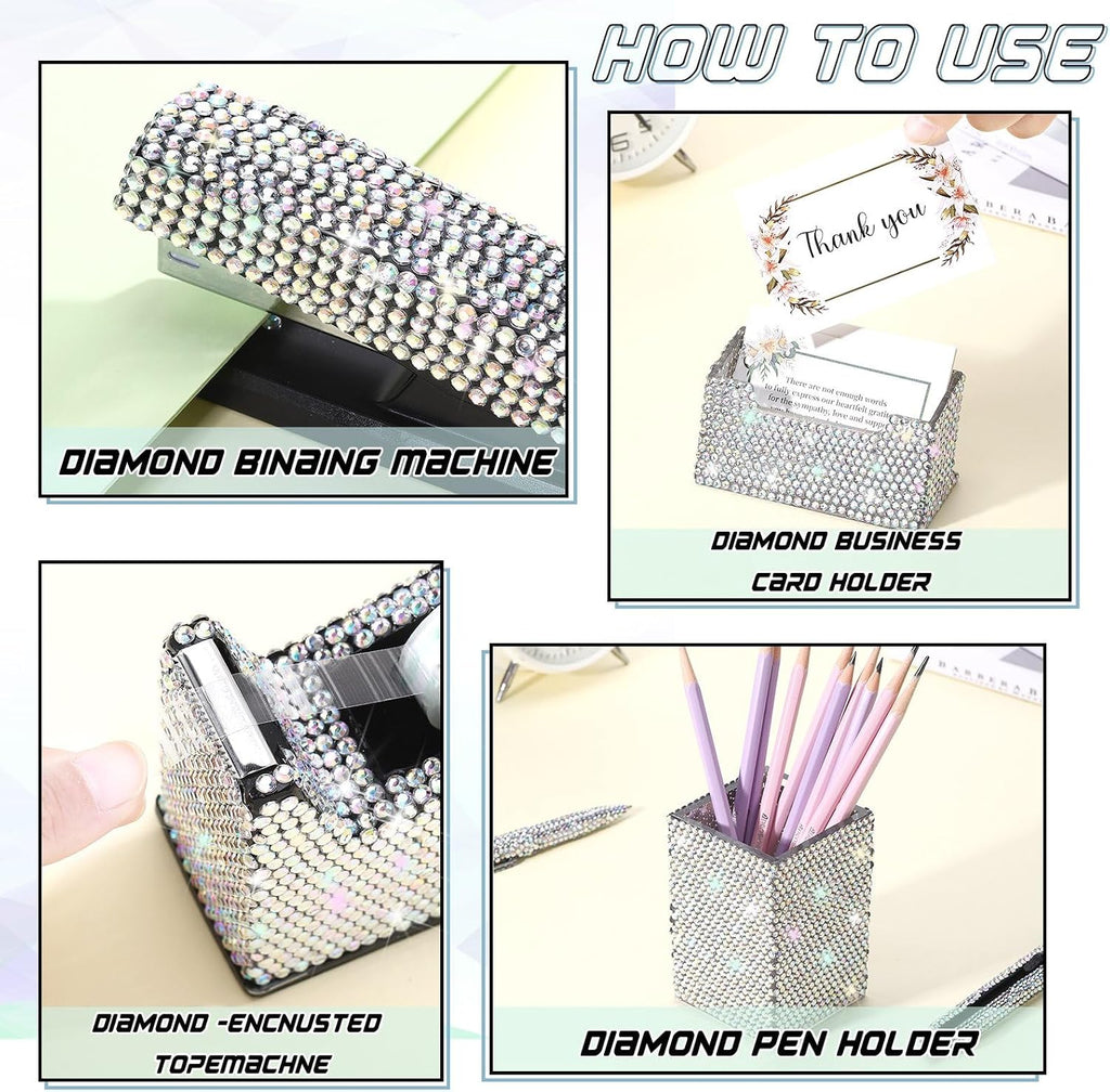 White 7 Pieces Bling Desk Accessories Set Glitter Crystal Office Stationery Kit for Women Diamond Tape Dispenser