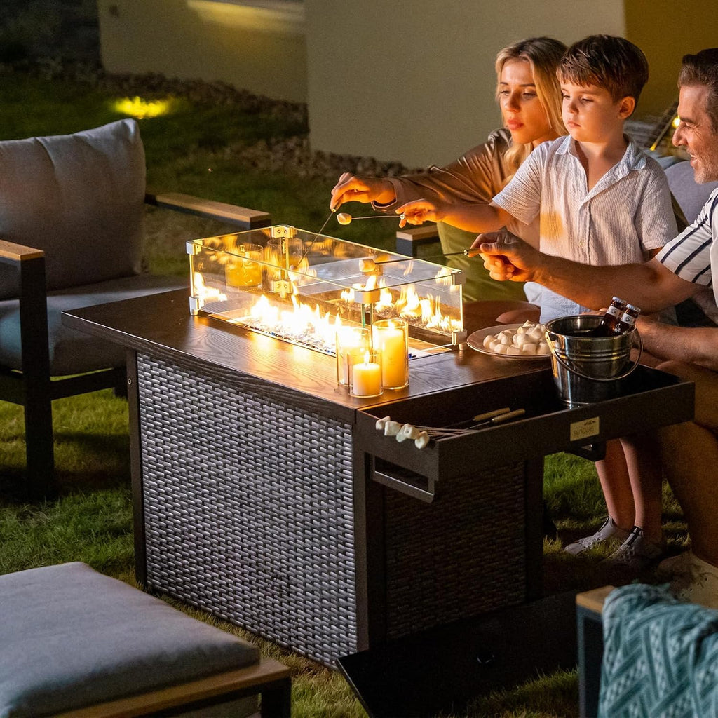 52 Inch Outdoor Rectangular Fire Pit Table, 50,000 BTU Propane Fire Pit with Glass Wind Guard and Sliding Tank