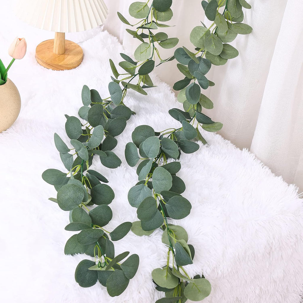Artificial Eucalyptus Garland Faux Silk Leaf Silver Dollar Eucalyptus Leaves Vines Handmade Garland Greenery - Set of 2
