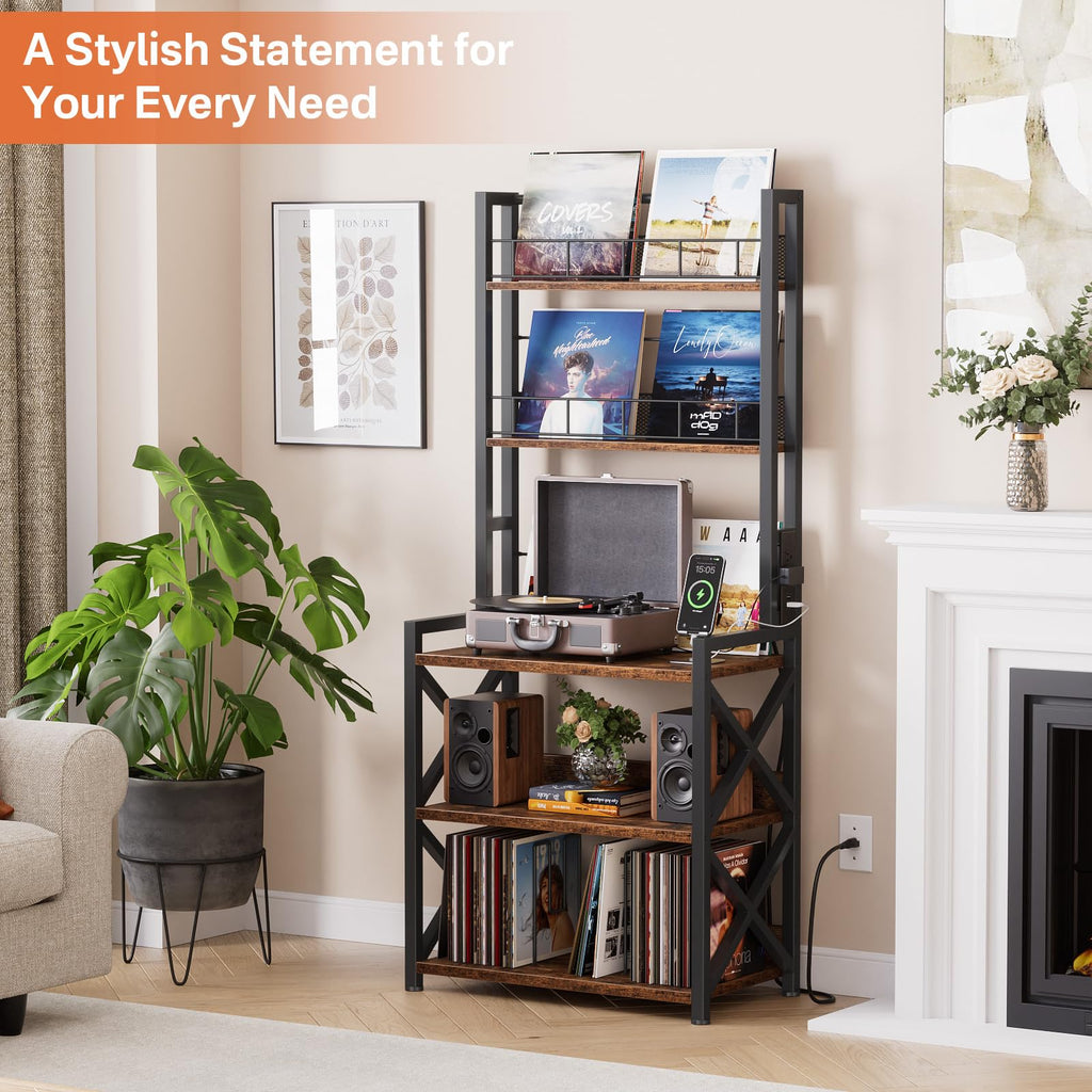 Record Player Stand with Power Outlet - Turntable Display Shelf