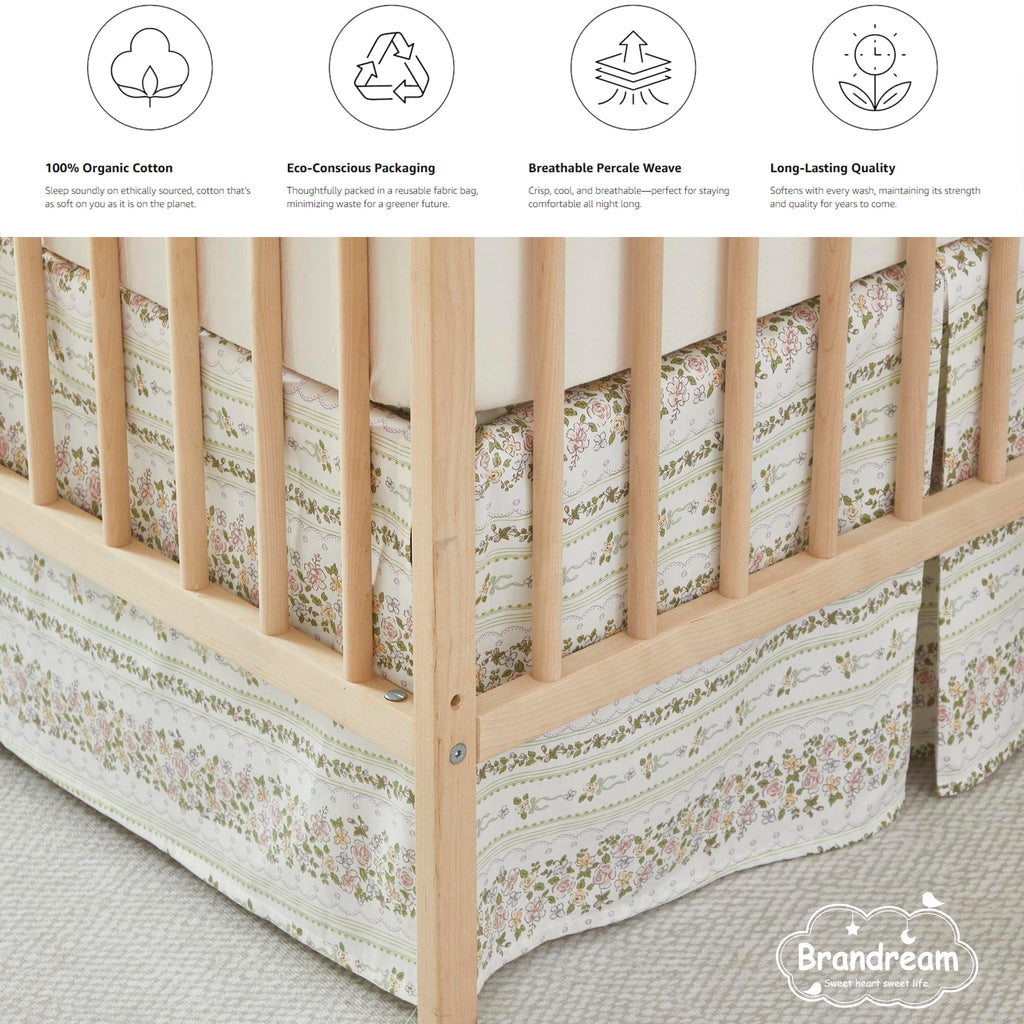 Floral Stripe Cotton Crib Bed Skirt Pleated Dust Ruffle for Baby Girls Boys Toddler Bedskirt Nursery Standard Crib