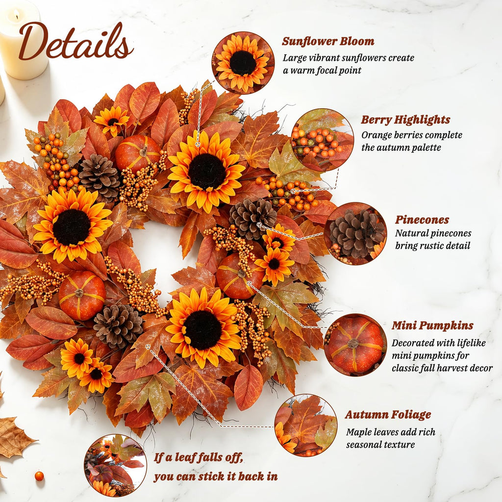 26 in Artificial Fall Wreath, Sunflower Wreaths for Front Door