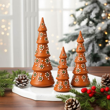Set of 3 Mexican Christmas Tree Figurines Resin Barro Talavera Holiday Tree Statue Decor Boho Terracotta Table