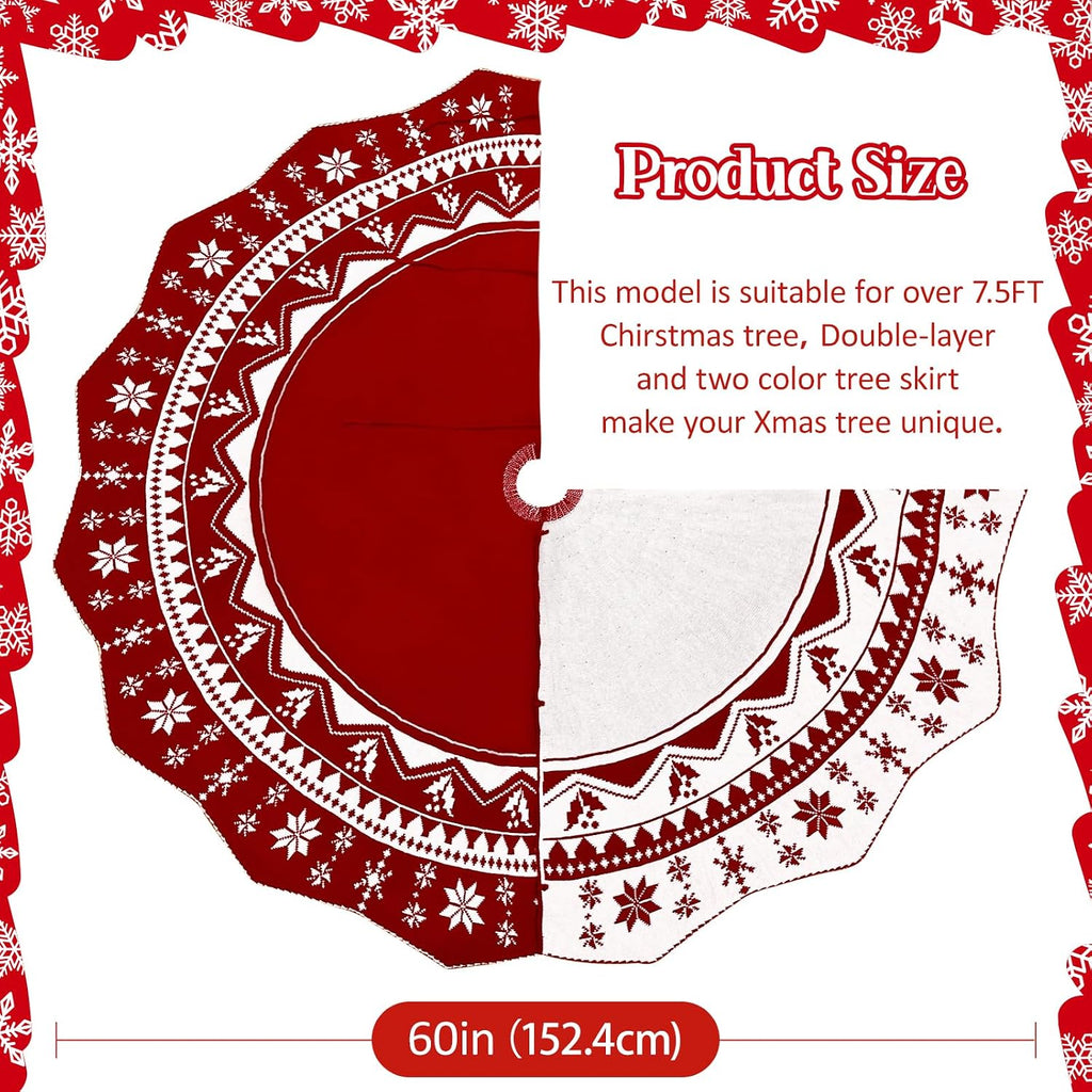 Christmas Tree Skirt 60 Inch, Knit Red Tree Skirt with Poinsettia Pattern, Rustic Double-Sided Large Knitted Xmas