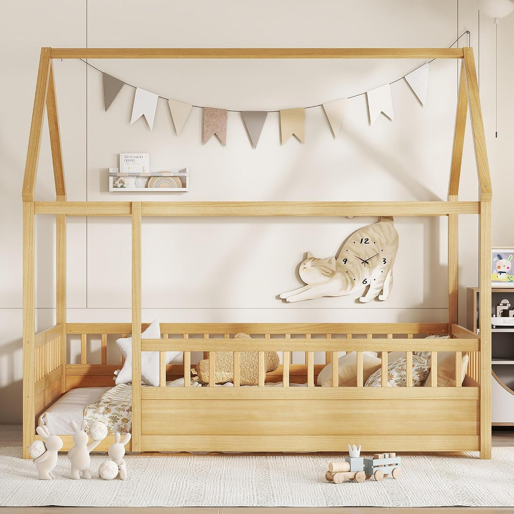 House Bed Frame with High Fence, Natural
