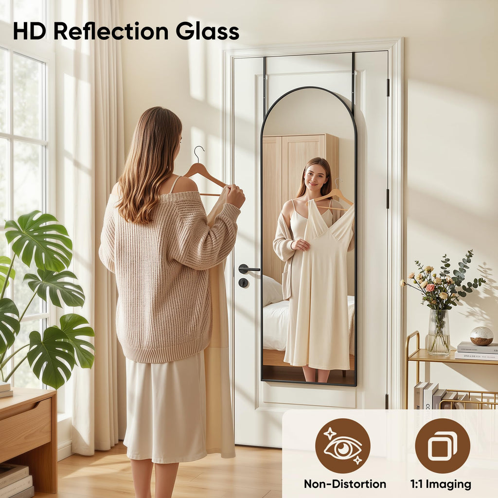 58"x20" Over The Door Mirror, Arched Full Length Mirror, Black