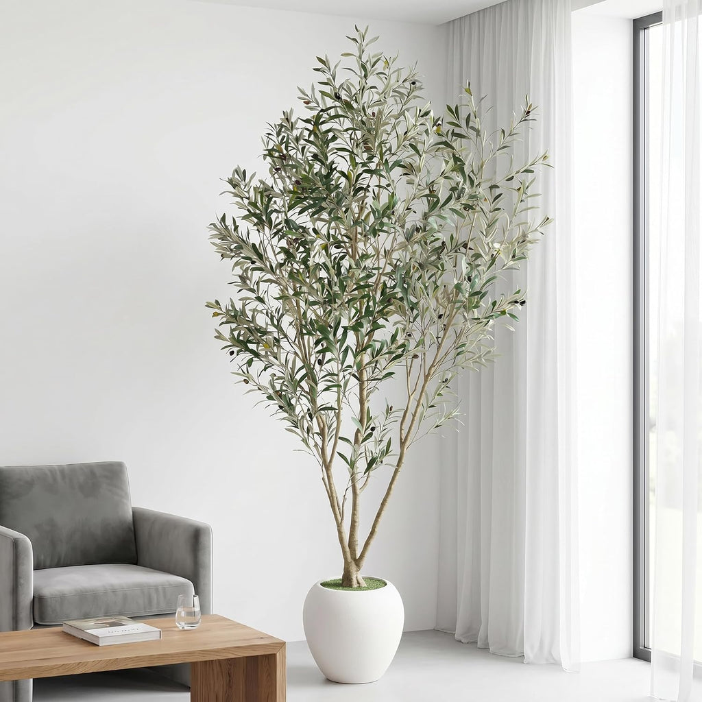 8FT Artificial Olive Tree Tall Faux Potted Plant White Planter Indoor