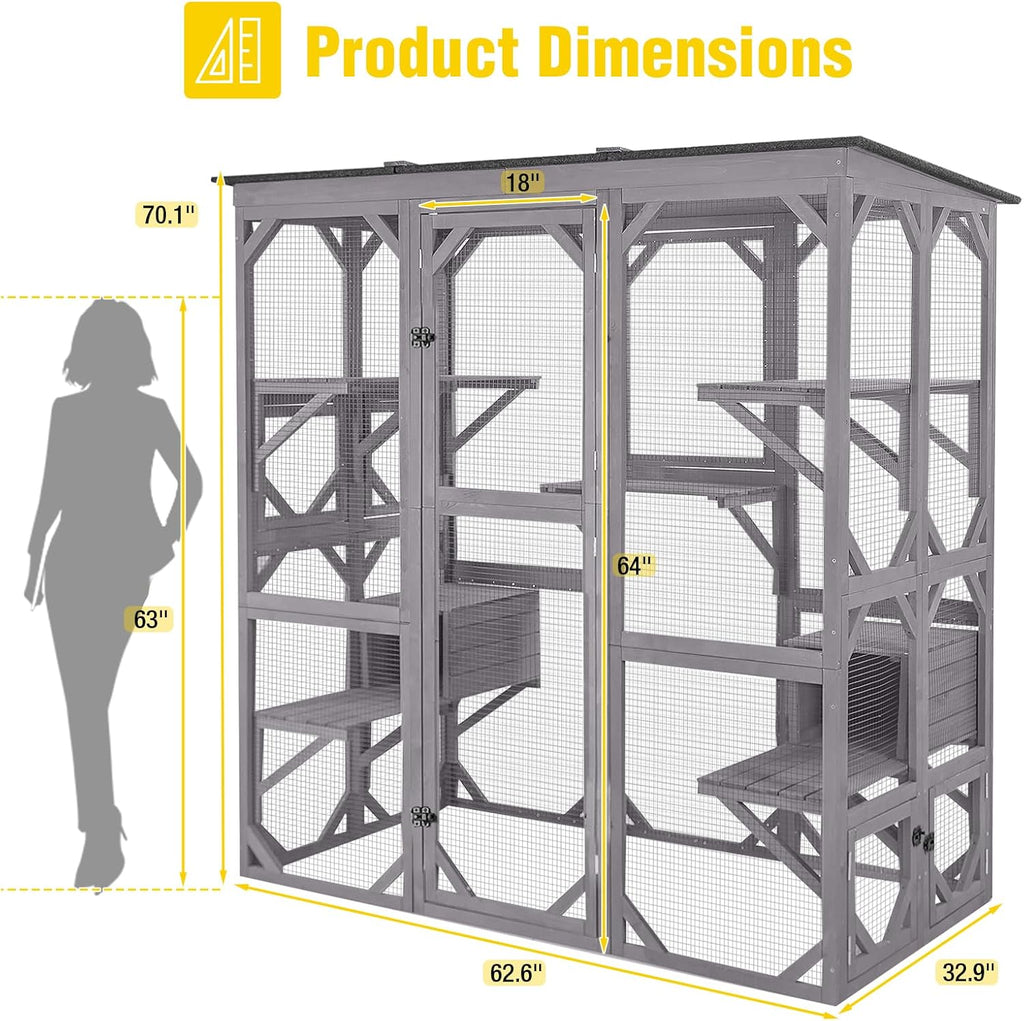 Large Wooden Catio Outdoor Cat Enclosure, Walk-in Kitty Condo with 7 Climbing Platforms, 2 Napping Houses, Expandable